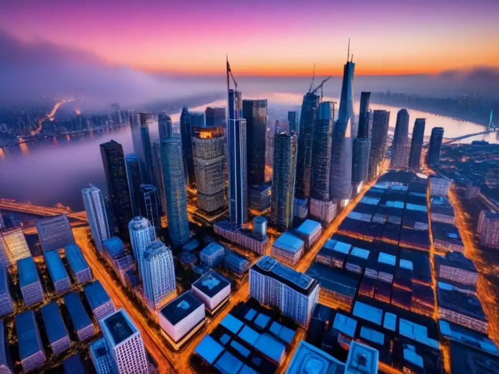 Espectacular ciudad al atardecer: oportunidades inmobiliarias Vibrante ciudad al anochecer con rascacielos iluminados y rio brillante, reflejando fluctuaciones cambiarias mercado inmobiliario