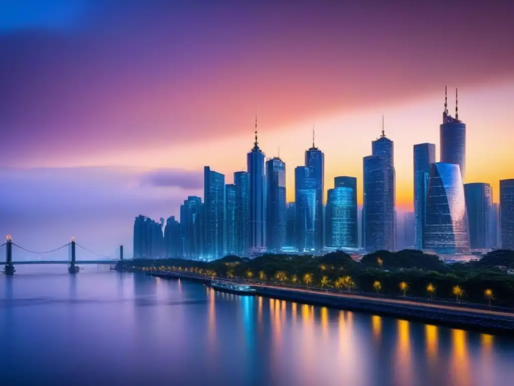 Horizonte urbano iluminado: estabilidad y crecimiento Vibrante ciudad al anochecer, rascacielos iluminados reflejados en agua
