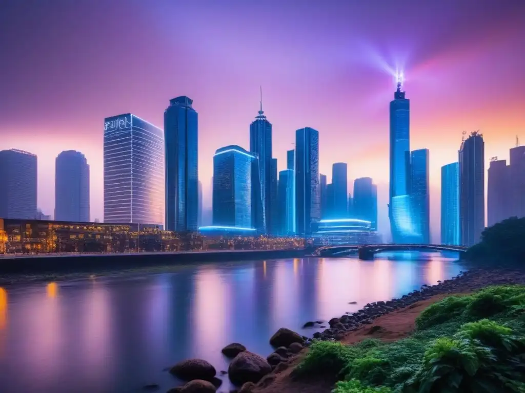 Horizonte urbano iluminado: arquitectura moderna y tecnología en acción Vibrante ciudad al anochecer con rascacielos iluminados y reflejos en el río, simbolizando la automatización en mercados inmobiliarios emergentes