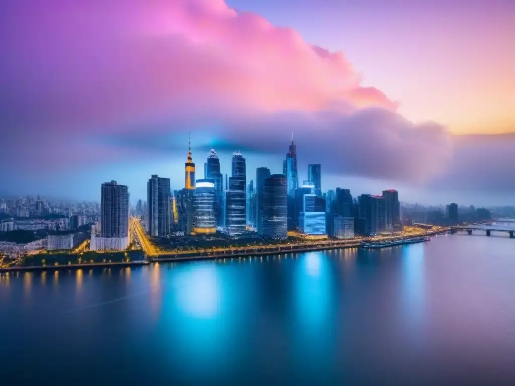 Horizonte urbano iluminado: mercado inmobiliario internacional en auge Vibrante ciudad al anochecer, con rascacielos iluminados y reflejos en un río tranquilo