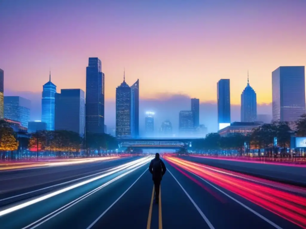 Horizonte urbano vibrante al atardecer: análisis predictivo inmobiliario Vibrante ciudad al anochecer, con rascacielos iluminados y una bulliciosa calle