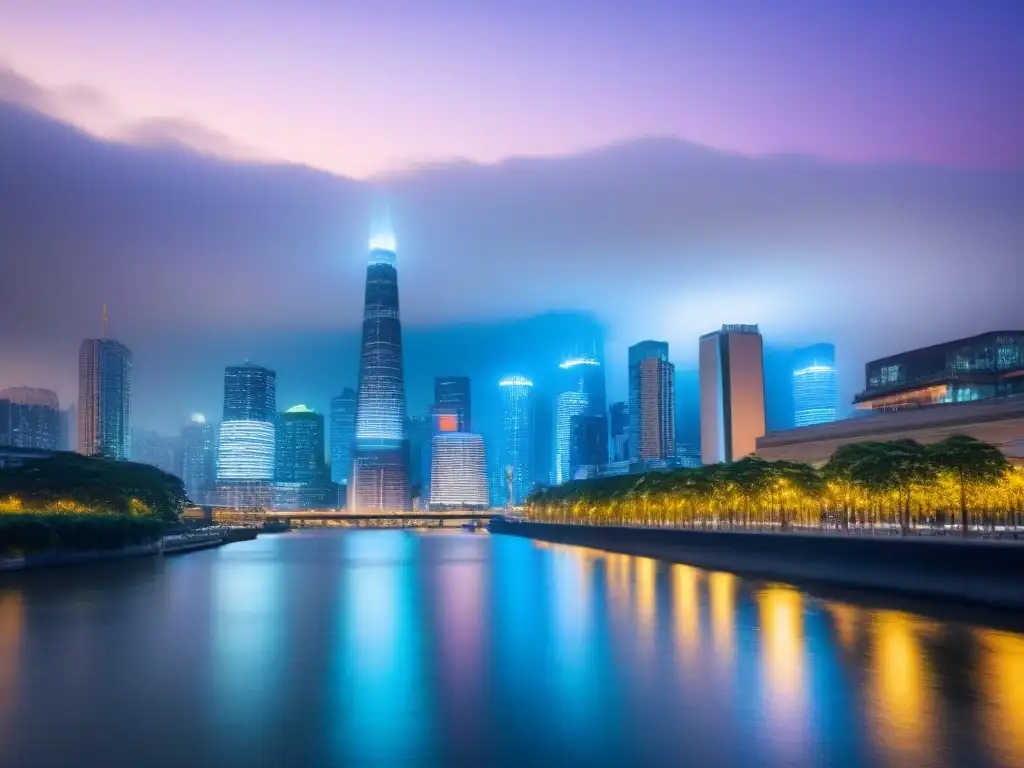 Horizonte urbano: luces y prosperidad inmobiliaria Vibrante ciudad al anochecer con rascacielos iluminados y río