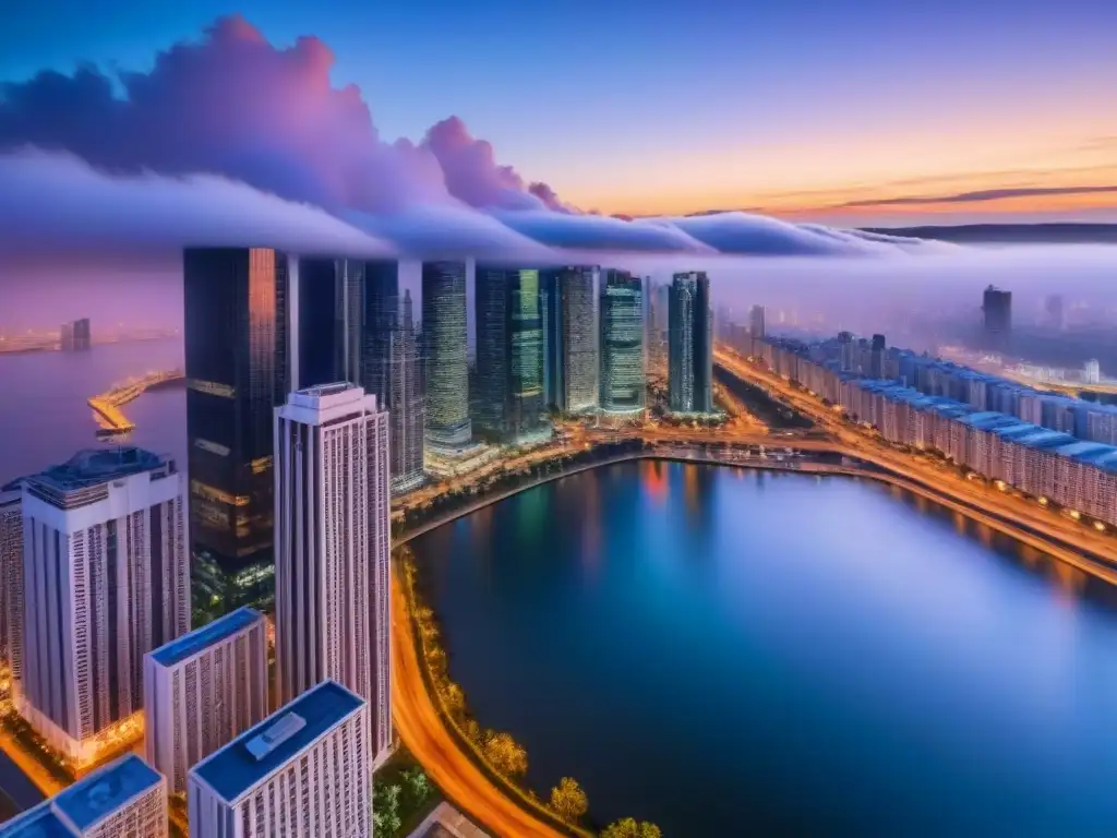 Espectacular panorama urbano al atardecer: vida moderna en la ciudad Vibrante ciudad al anochecer, con rascacielos iluminados