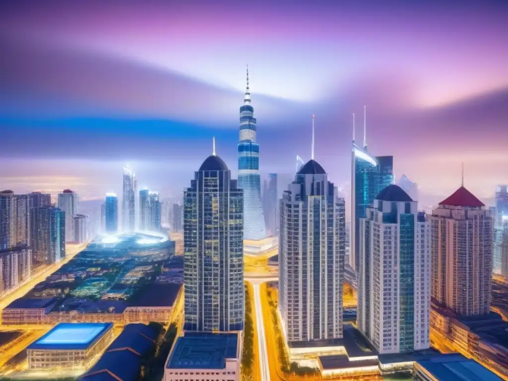 Skyline urbano al anochecer: inversión inmobiliaria global Vibrante ciudad al anochecer con rascacielos iluminados y moderno complejo inmobiliario
