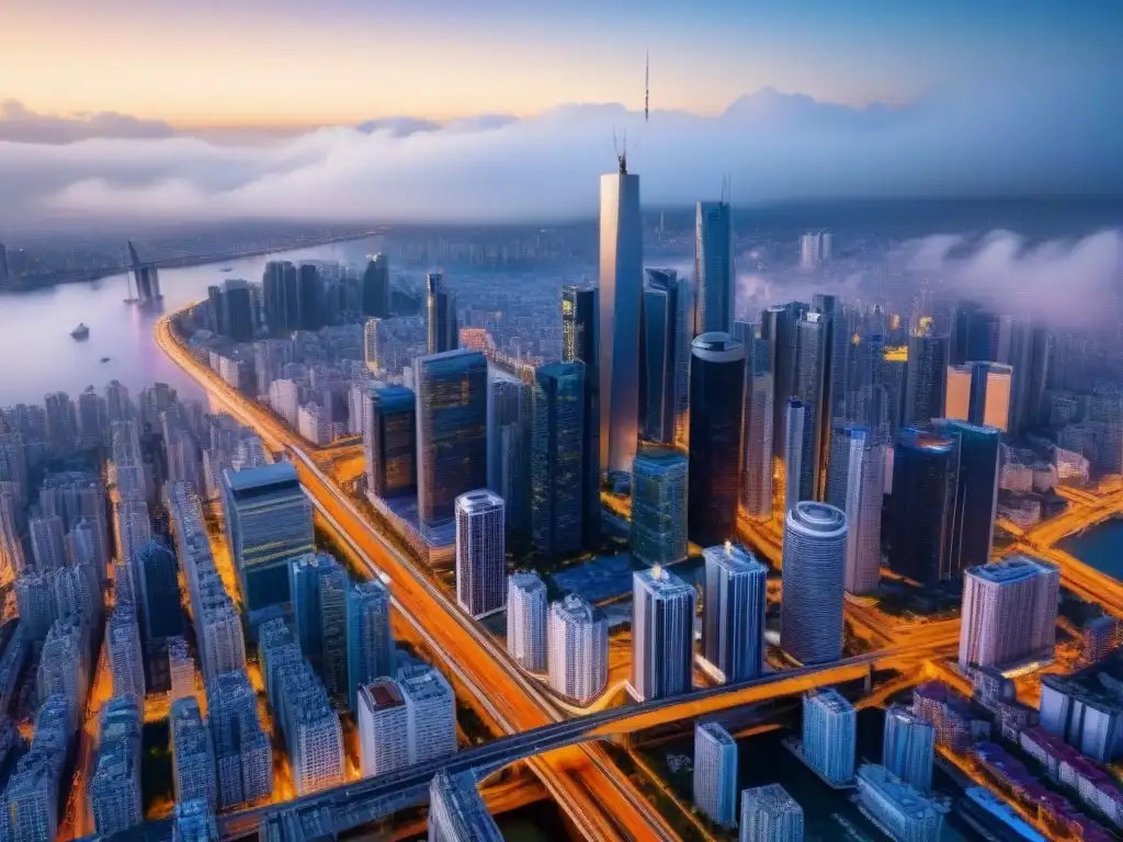 Horizonte urbano interconectado: alianzas estratégicas globales Vibrante ciudad de rascacielos interconectados por redes iluminadas, simbolizando alianzas estratégicas en el mercado inmobiliario global