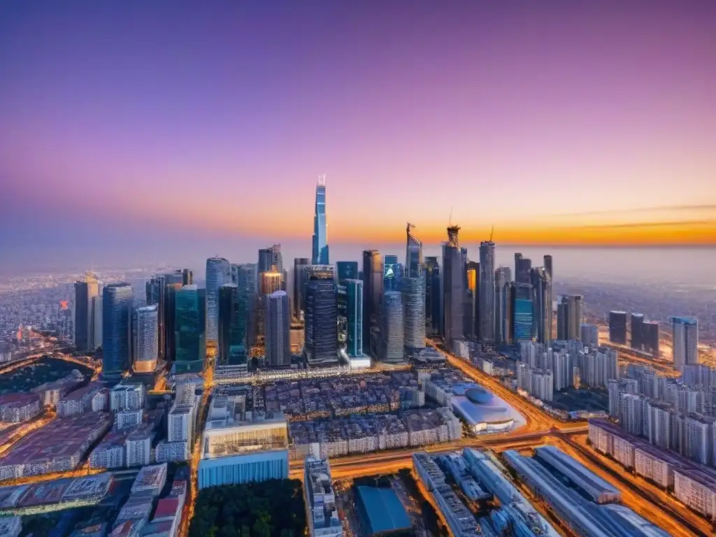 Vista aérea impresionante de ciudad urbana con rascacielos Vibrante ciudad con rascacielos, reflejando inversión inmobiliaria comercial internacional