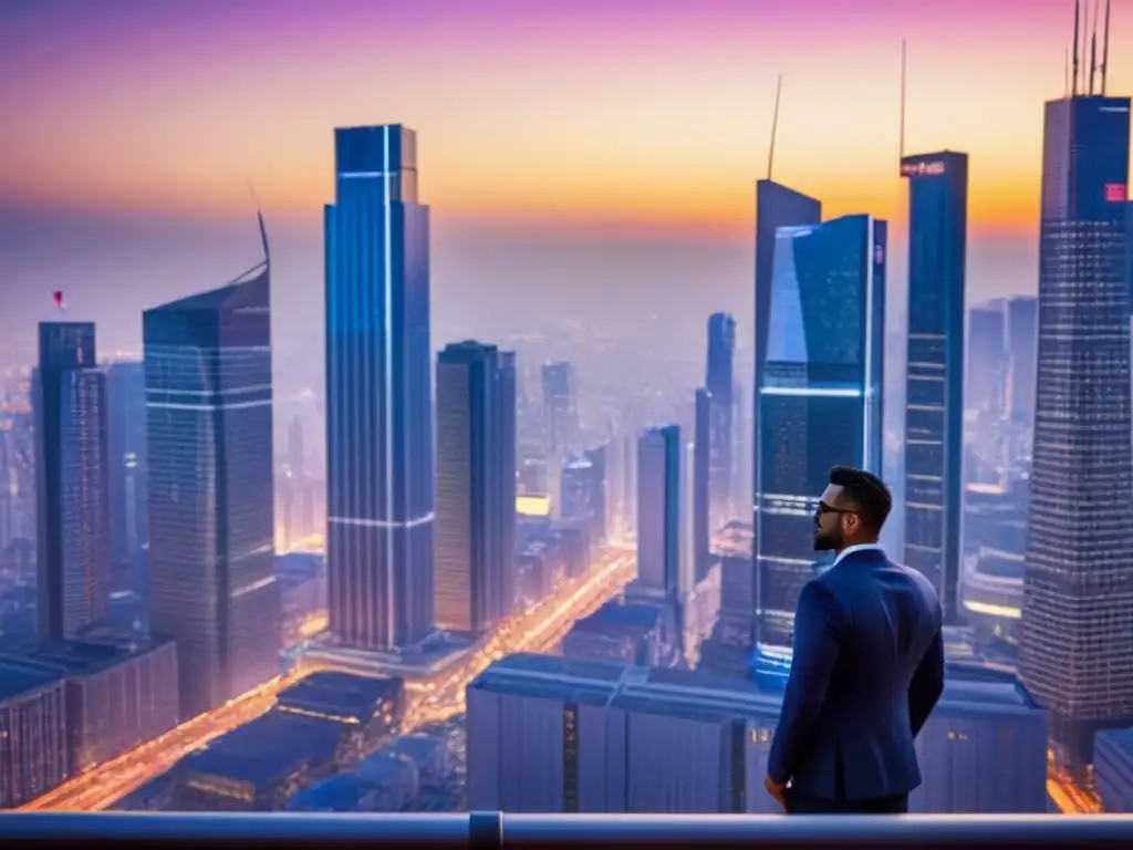 Metrópolis vibrante: negocios globales en la puesta de sol Vibrante ciudad con rascacielos, luces neón y personas de negocios, empresas globales transformando mercados emergentes