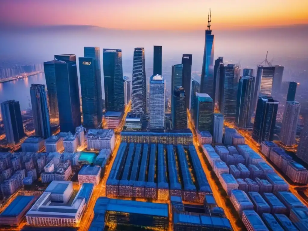 Vibrante mercado inmobiliario internacional: ciudad con rascacielos Vibrante ciudad con rascacielos y luces, reflejando las mejores estrategias inversión inmobiliaria internacional