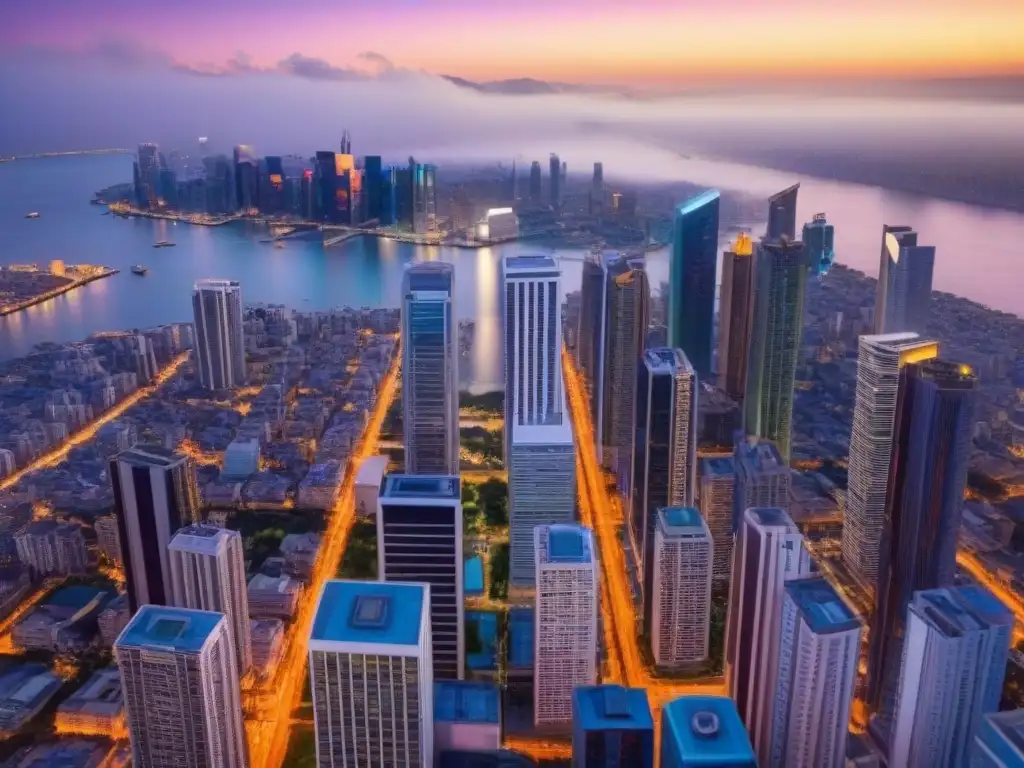 Inversión inmobiliaria desde las alturas al anochecer Vibrante ciudad al anochecer con rascacielos, luces brillantes y el atractivo del crowdfunding inmobiliario para inversores internacionales
