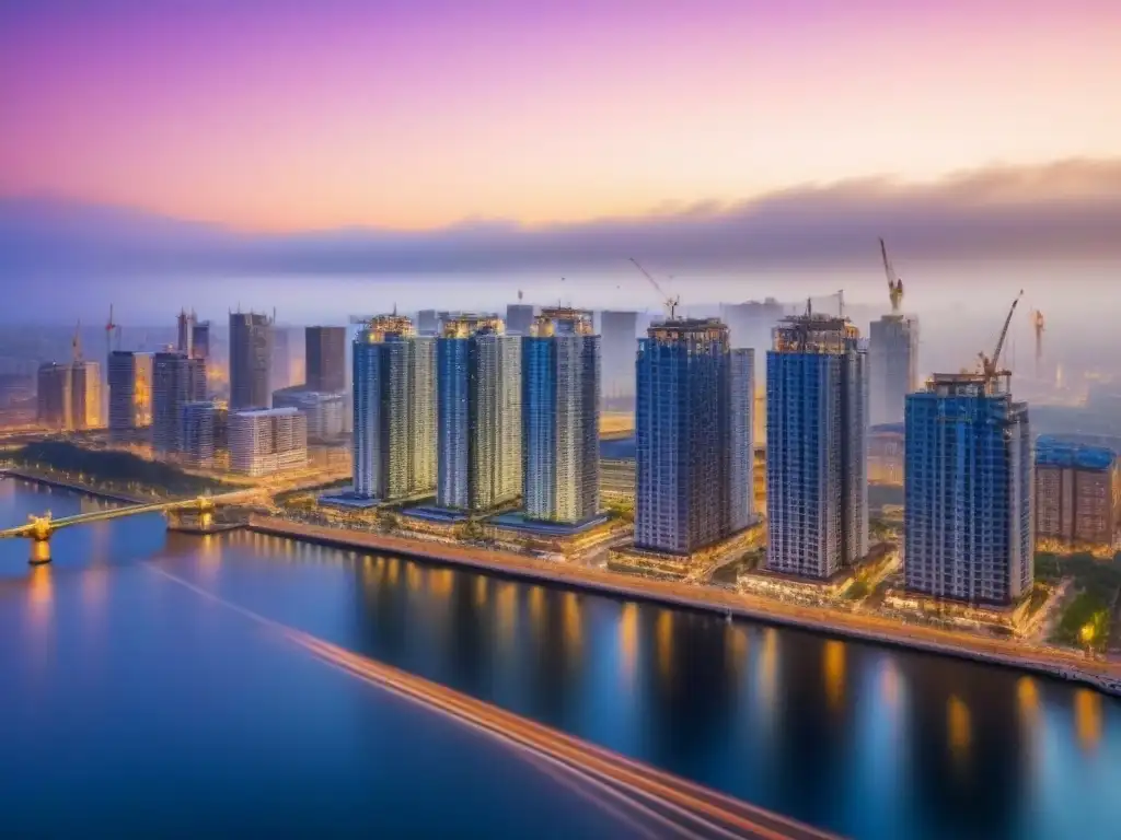 Vista aérea impresionante de ciudad global al anochecer Vibrante ciudad al anochecer con rascacielos, grúas y luces, reflejando regulaciones construcción inversiones internacionales