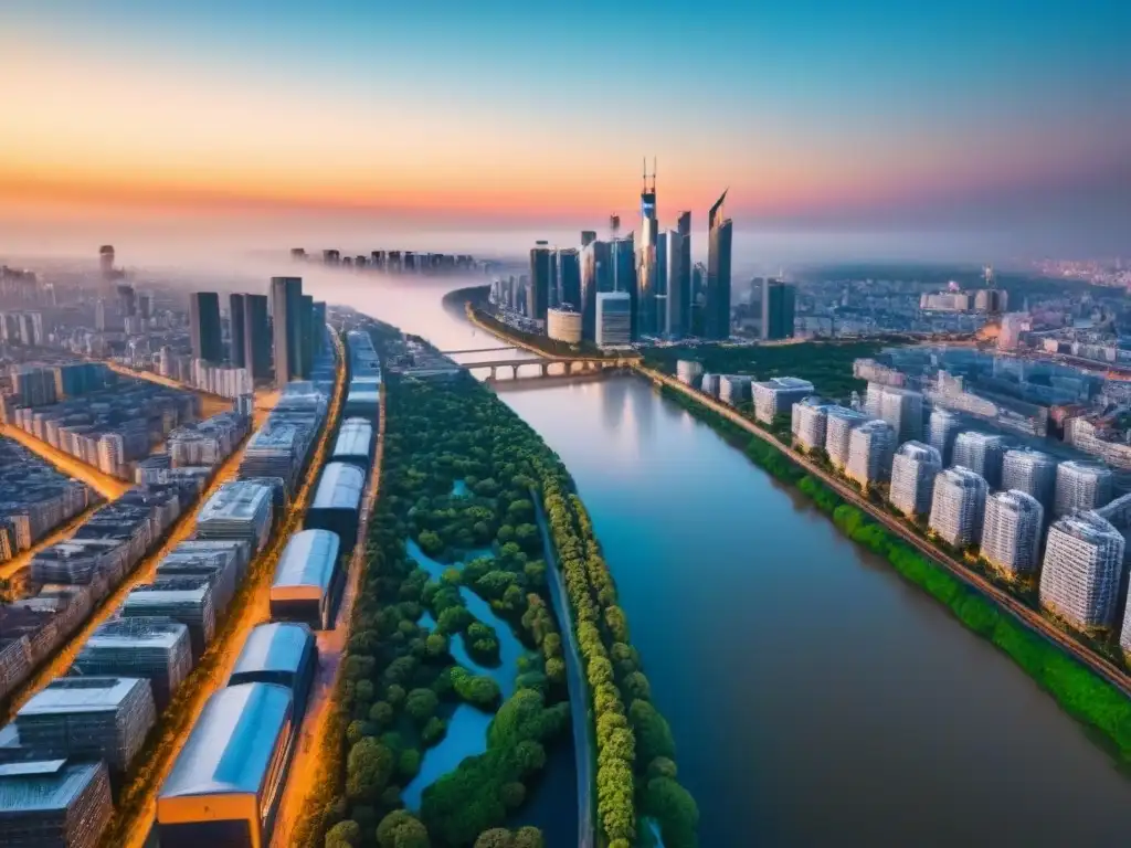 Panorama urbano: ciudad moderna con río y atardecer Vibrante ciudad con rascacielos y mercado inmobiliario emergente en migración global