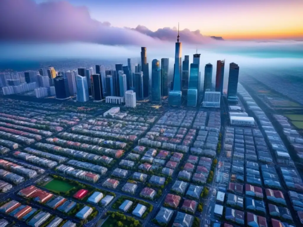 Vibrante mercado inmobiliario: visión aérea de ciudad moderna Vibrante ciudad con rascacielos, mercados y tráfico, simbolizando el crecimiento de mercados inmobiliarios internacionales
