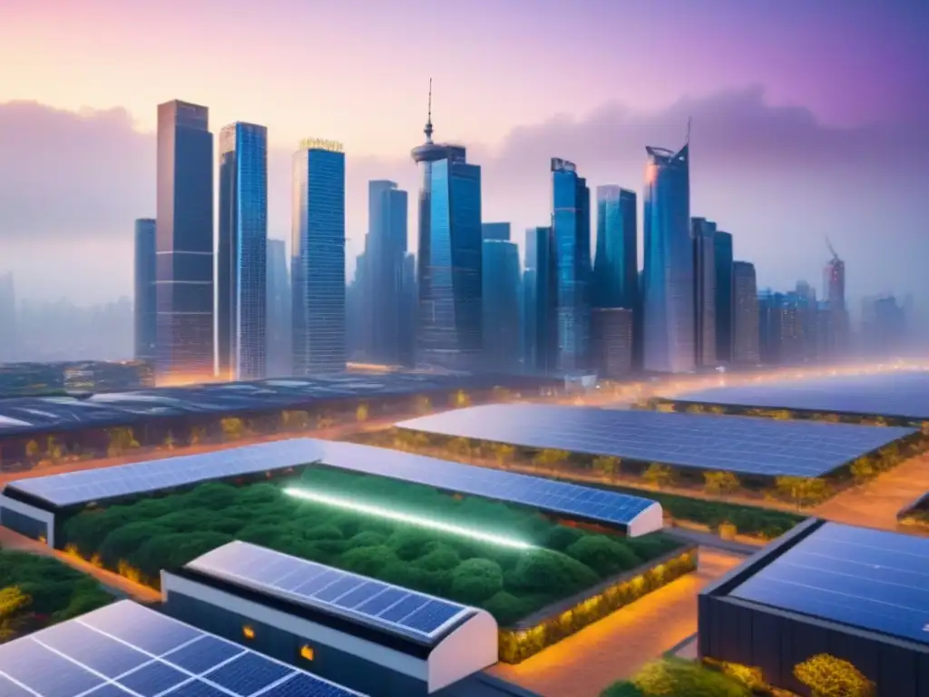 Skyline sostenible: la fusión perfecta entre modernidad y ecología Vibrante ciudad al anochecer, fusionando rascacielos modernos con elementos de diseño urbano sostenible