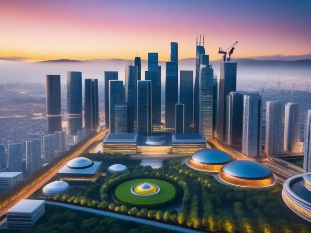 Horizonte urbano innovador y resistente a terremotos al atardecer Vibrante ciudad con rascacielos modernos y estructuras subterráneas seguras en zonas terremotos al atardecer