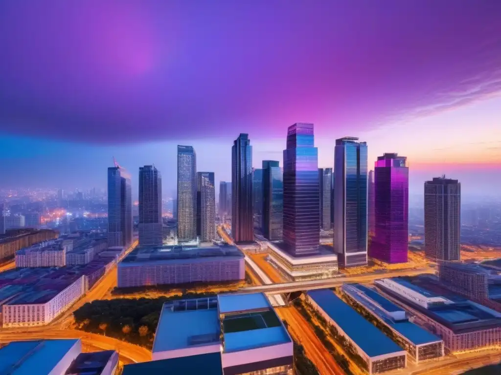 Metrópolis al atardecer: eficiencia y sofisticación urbana Vibrante ciudad al anochecer con rascacielos modernos y luces brillantes, reflejando eficiencia urbana