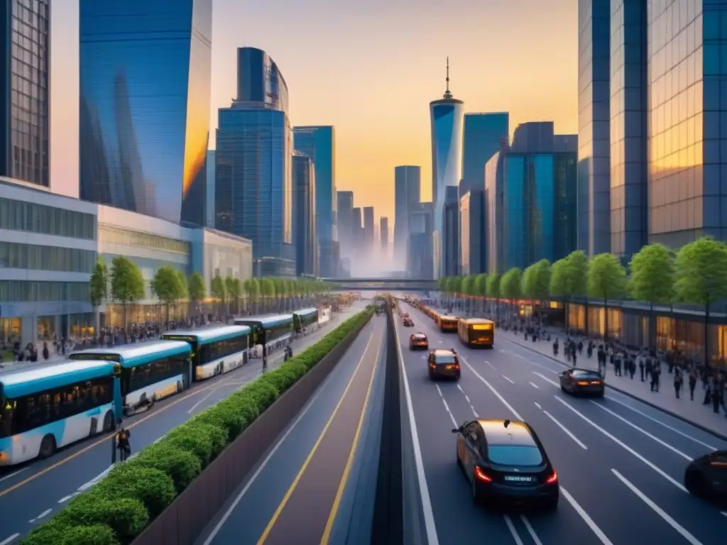 Horizonte urbano sostenible al atardecer Vibrante ciudad al anochecer, con rascacielos modernos iluminados por el sol