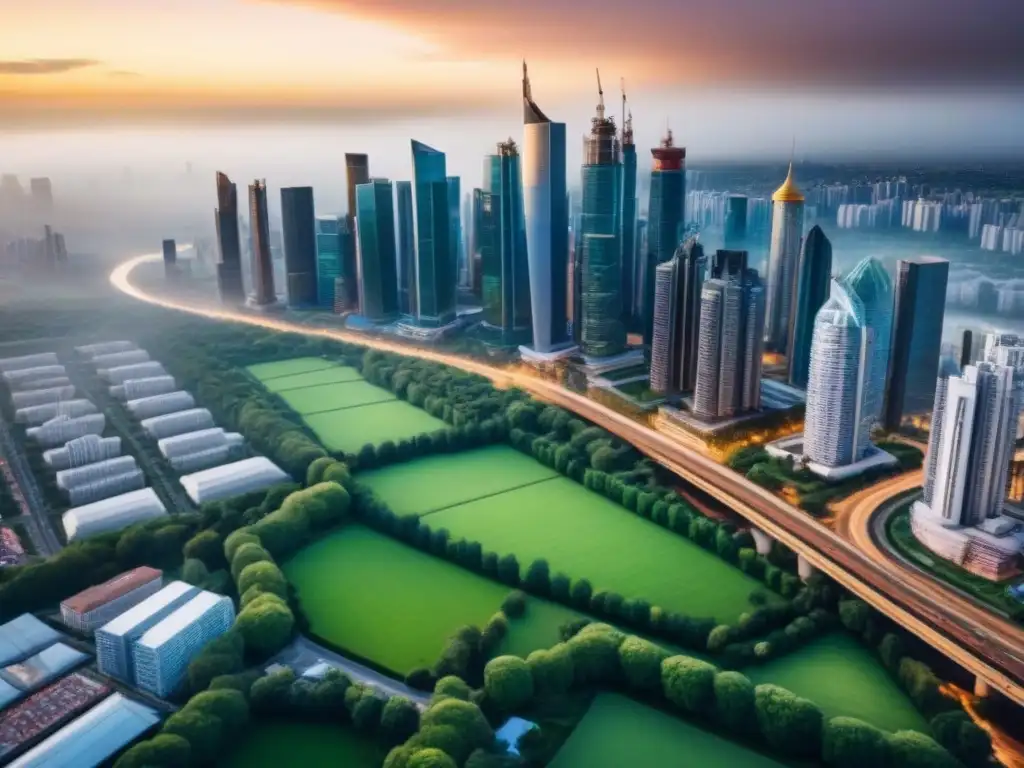 Cityscape vibrante: estímulos económicos y prosperidad urbana Vibrante ciudad con rascacielos modernos y espacios verdes, reflejando el efecto de políticas de estímulo en el mercado inmobiliario