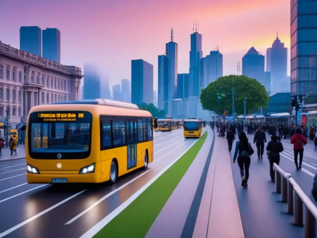 Metrópolis futurista al atardecer: diversidad urbana y sostenibilidad Vibrante ciudad al anochecer con rascacielos modernos iluminados y un atardecer ardiente