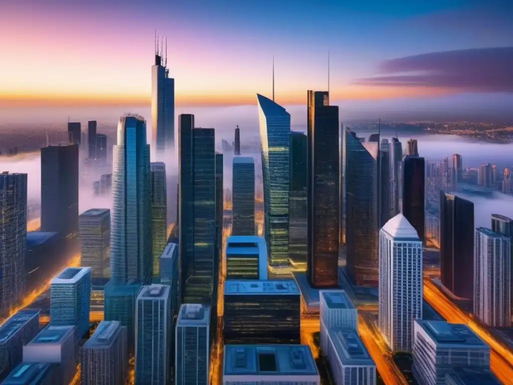 Skyline urbano: Inversión inmobiliaria estratégica en entorno inflacionario Vibrante ciudad con rascacielos modernos y profesionales diversificados, ideal para inversiones inmobiliarias en entorno inflacionario