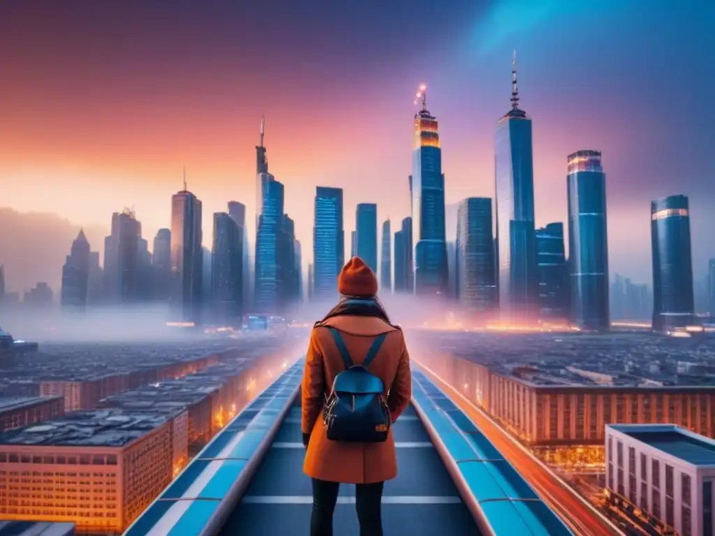Horizonte urbano futurista: luces y arquitectura en 8K Vibrante ciudad al anochecer con rascacielos modernos iluminados, reflejando la sofisticación de Modelos de Regresión para Inversiones Inmobiliarias