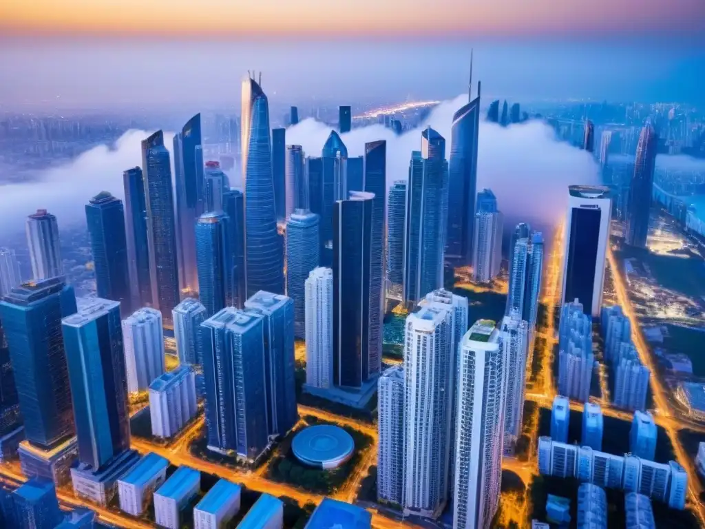 Vibrante ciudad moderna: real estate en mercados emergentes Vibrante ciudad con rascacielos modernos y desarrollo inmobiliario, reflejando mercados inmobiliarios internacionales rentables