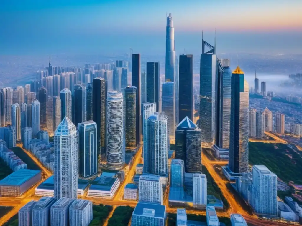 Metrópolis próspera: inversiones inmobiliarias globales en moderna ciudad Vibrante ciudad con rascacielos modernos y bulliciosa actividad urbana, reflejando el próspero mercado de inversión inmobiliaria internacional