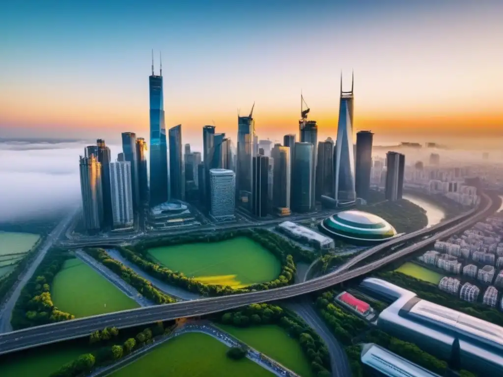 Metrópolis futurista: skyline urbano con rascacielos modernos Vibrante ciudad con rascacielos modernos y arquitectura futurista