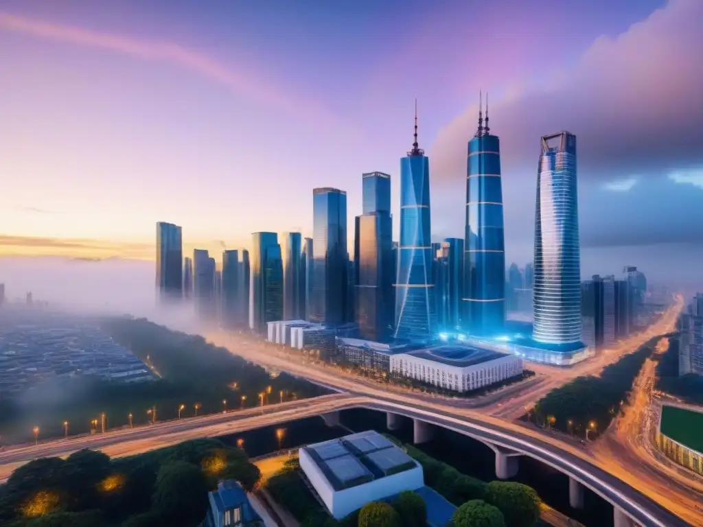 Horizonte urbano al atardecer: dinamismo y modernidad en la ciudad Vibrante ciudad al anochecer con rascacielos modernos iluminados, reflejando actividad y Due Diligence inmobiliaria internacional detallada