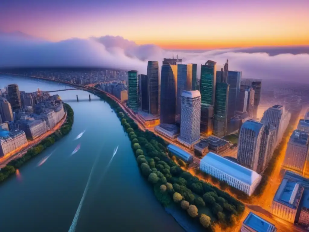 Metrópolis impresionante: modernidad y historia bajo el atardecer Vibrante ciudad: rascacielos modernos y arquitectura histórica se funden bajo un atardecer brillante