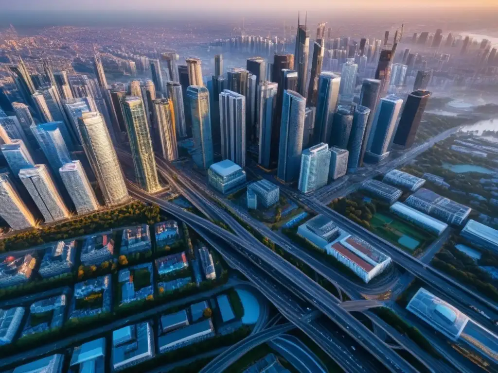 Metrópolis moderna: skyline urbano bañado por el sol Vibrante ciudad con rascacielos modernos al atardecer, reflejando progreso en el sector inmobiliario