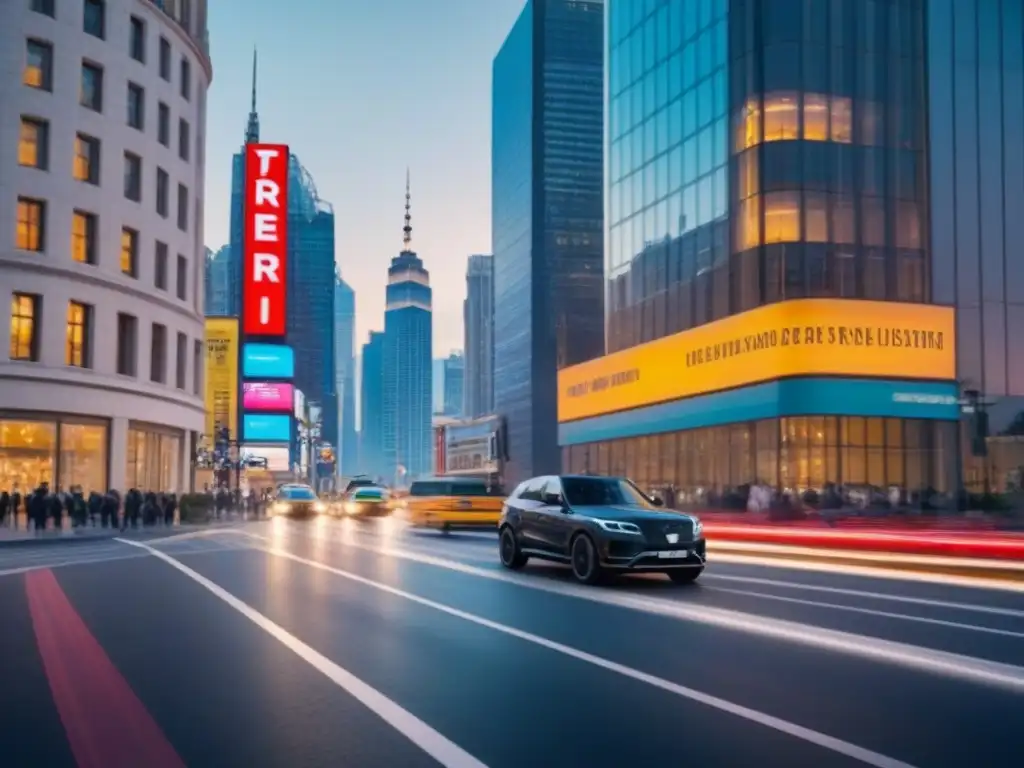Contraste arquitectónico: globalización en la ciudad al anochecer Vibrante ciudad al anochecer con rascacielos modernos y edificios históricos, luces de autos y letreros de neón iluminando calles