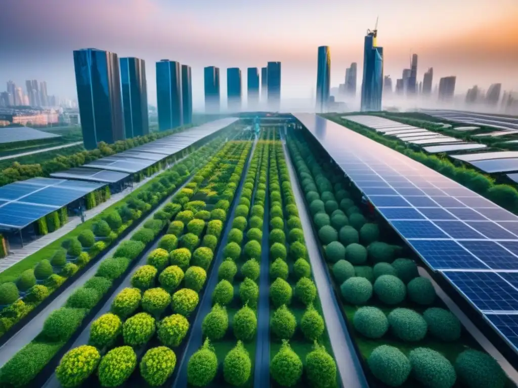 Desarrollo urbano sostenible: arquitectura moderna y naturaleza en armonía Vibrante ciudad con rascacielos modernos y espacios verdes, fusionando desarrollo urbano y sostenibilidad en mercado inmobiliario sostenible