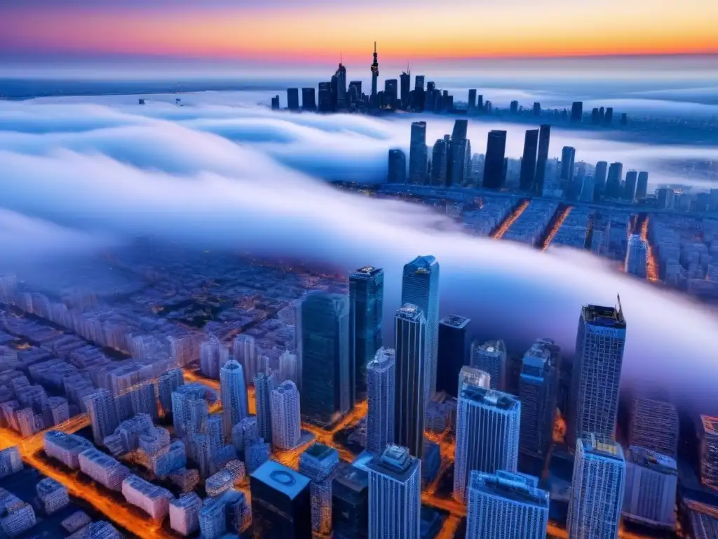 Espectacular ciudad de rascacielos al atardecer Vibrante ciudad con rascacielos modernos reflejando el atardecer dorado, ilustrando las fluctuaciones cambiarias en inversión inmobiliaria