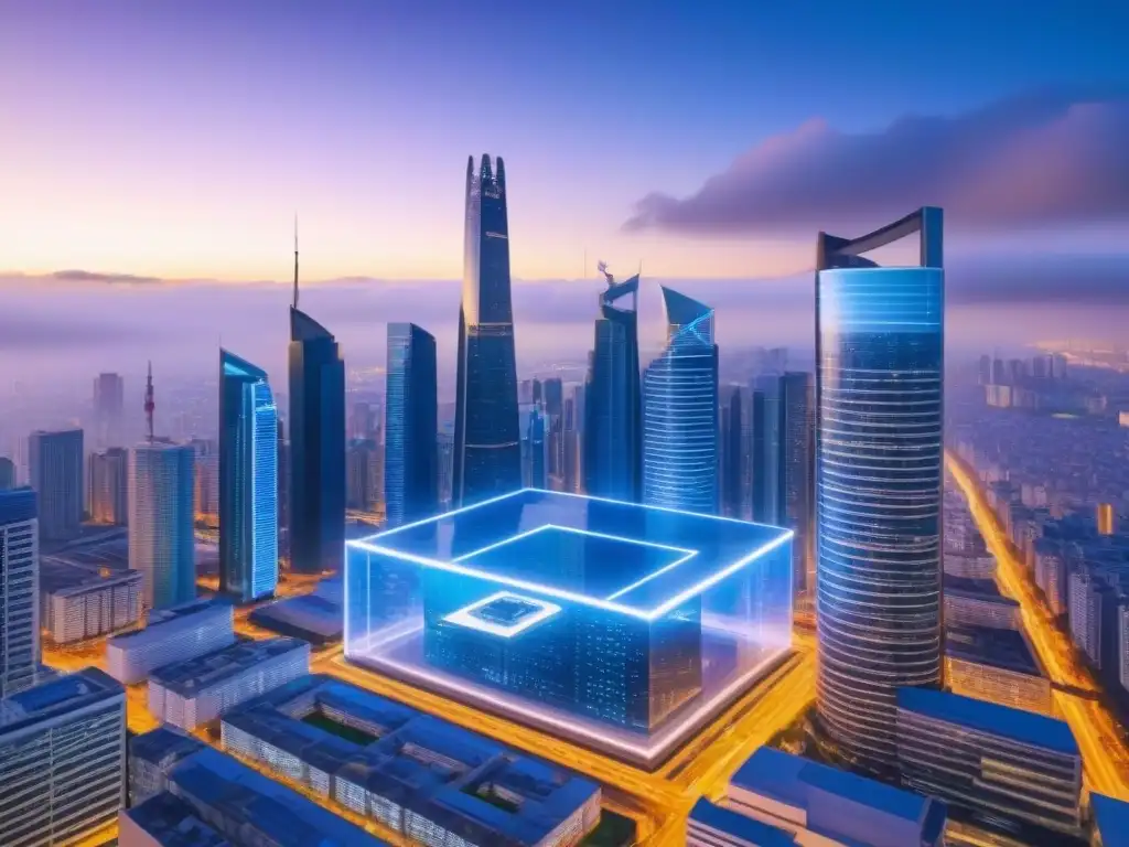 Horizonte urbano futurista con blockchain en la industria inmobiliaria Vibrante ciudad al anochecer con rascacielos modernos y profesionales en reunión