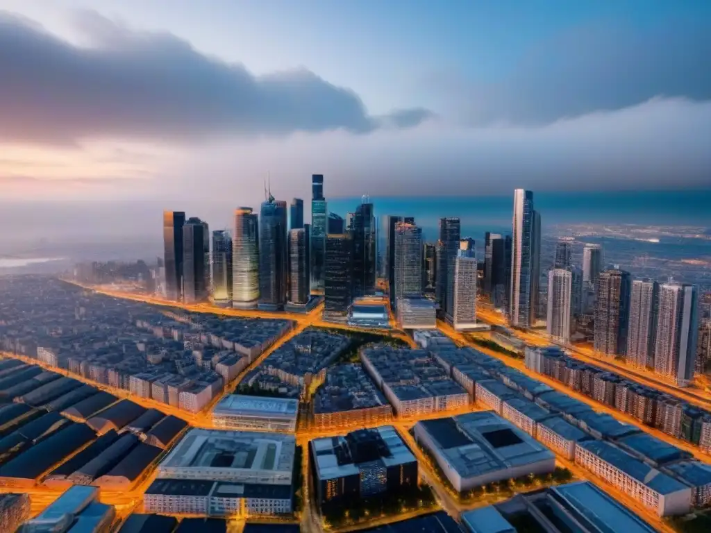 Vibrante ciudad moderna: mercado inmobiliario y entorno urbano dinámico Vibrante ciudad con rascacielos modernos, reflejo del mercado inmobiliario
