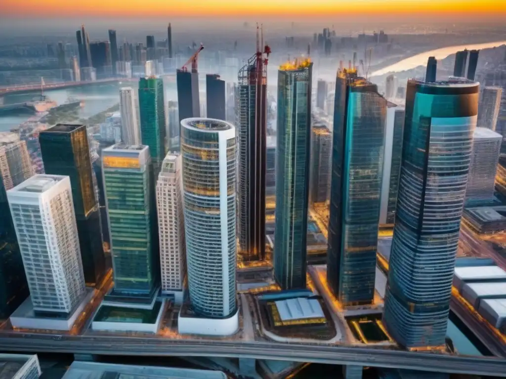 Vibrante desarrollo inmobiliario: ciudad moderna al atardecer Vibrante ciudad con rascacielos modernos y construcciones al atardecer