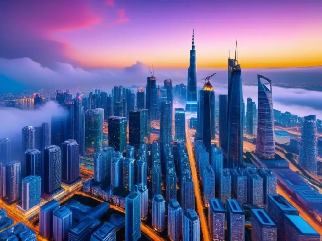 Metrópolis futurista: skyline moderno en 8k Vibrante ciudad con rascacielos modernos iluminados