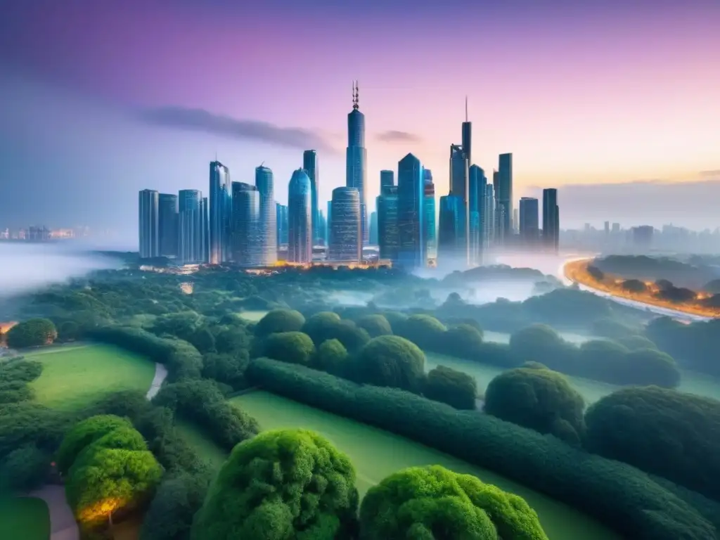 Metrópolis sostenible: skyline moderno de noche en 8k Vibrante ciudad al anochecer con rascacielos modernos iluminados y un parque verde, simbolizando inversiones inmobiliarias sostenibles internacionales