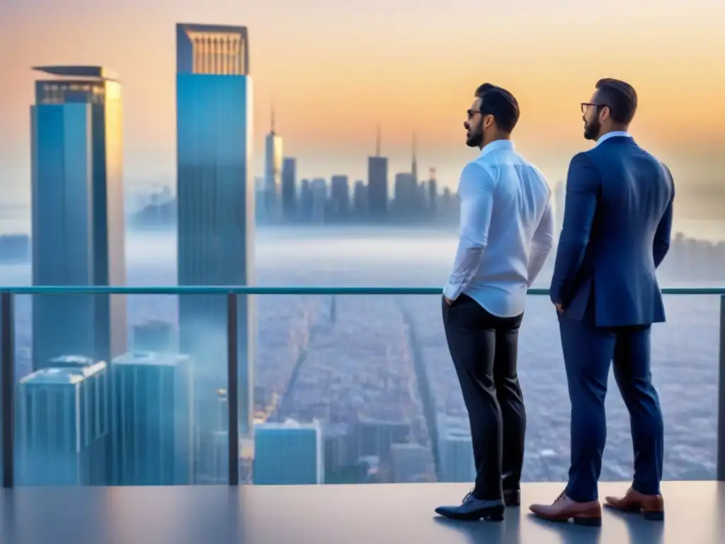 Inversión global en auge: skyline urbano al atardecer Vibrante ciudad con rascacielos modernos reflejando el atardecer dorado