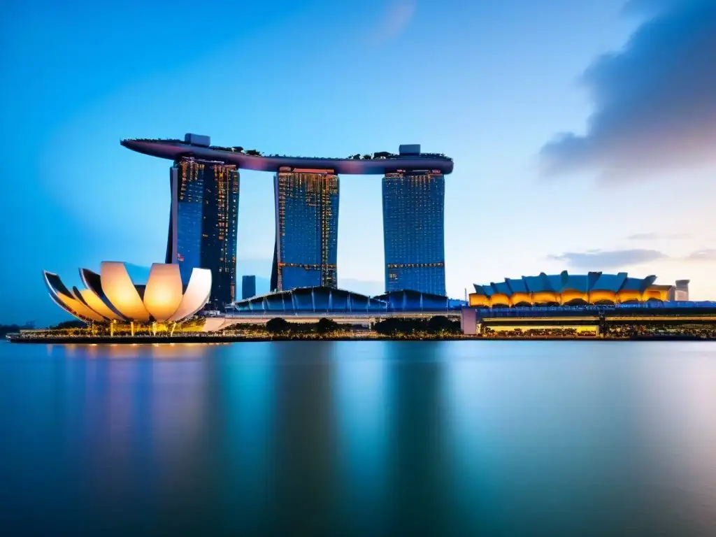 Esplendor urbano de Singapur al atardecer Vibrante ciudad de Singapur al anochecer, con rascacielos modernos y casas tradicionales iluminadas