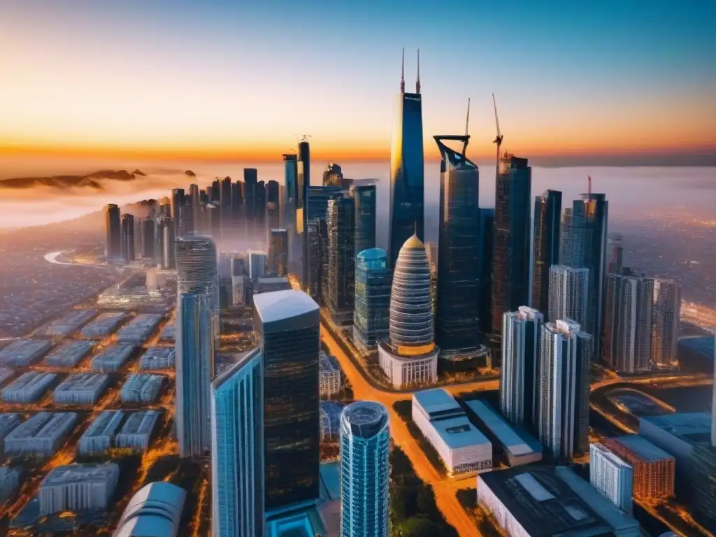 Metrópolis vibrante: oportunidades de inversión inmobiliaria internacional Vibrante ciudad con rascacielos modernos, simbolizando oportunidades de Financiamiento para inversión inmobiliaria internacional