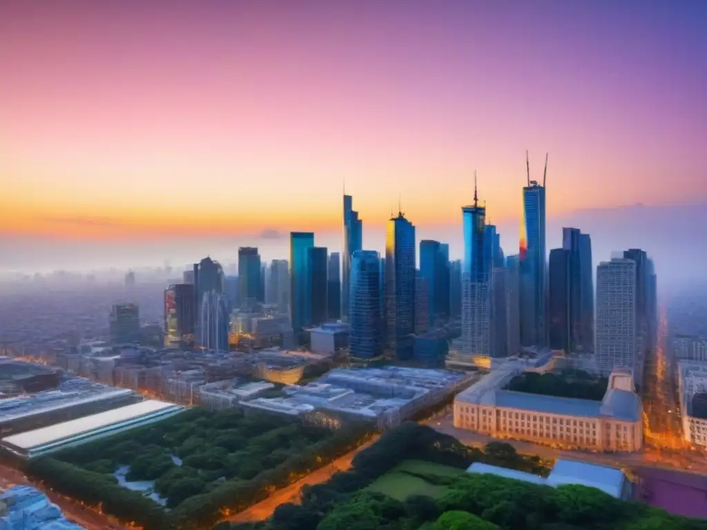 Horizonte urbano al atardecer: modernos rascacielos y negocios Vibrante ciudad al anochecer con rascacielos modernos iluminados, reflejando un próspero mercado inmobiliario internacional