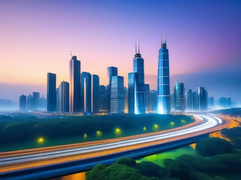 Horizonte urbano vibrante al anochecer: metrópolis en crecimiento Vibrante ciudad al anochecer, con rascacielos modernos iluminados y un río reflejando las luces