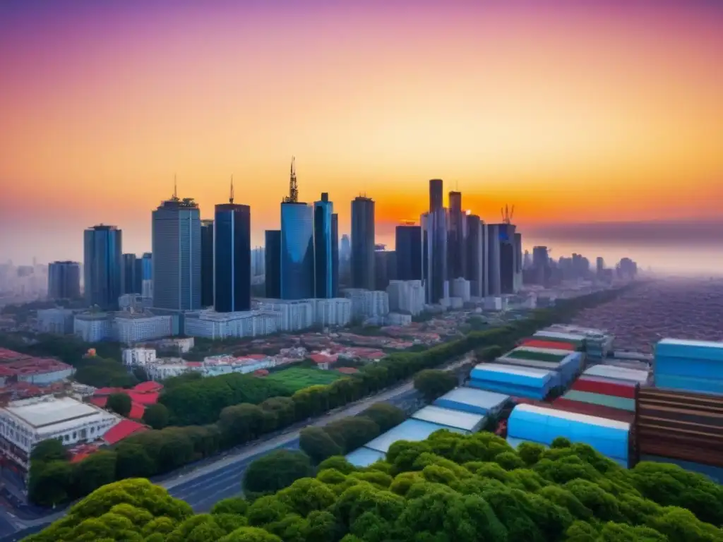 Horizonte urbano: atardecer dorado en la ciudad moderna Vibrante ciudad con rascacielos modernos reflejando el atardecer dorado, revitalizando mercados inmobiliarios locales