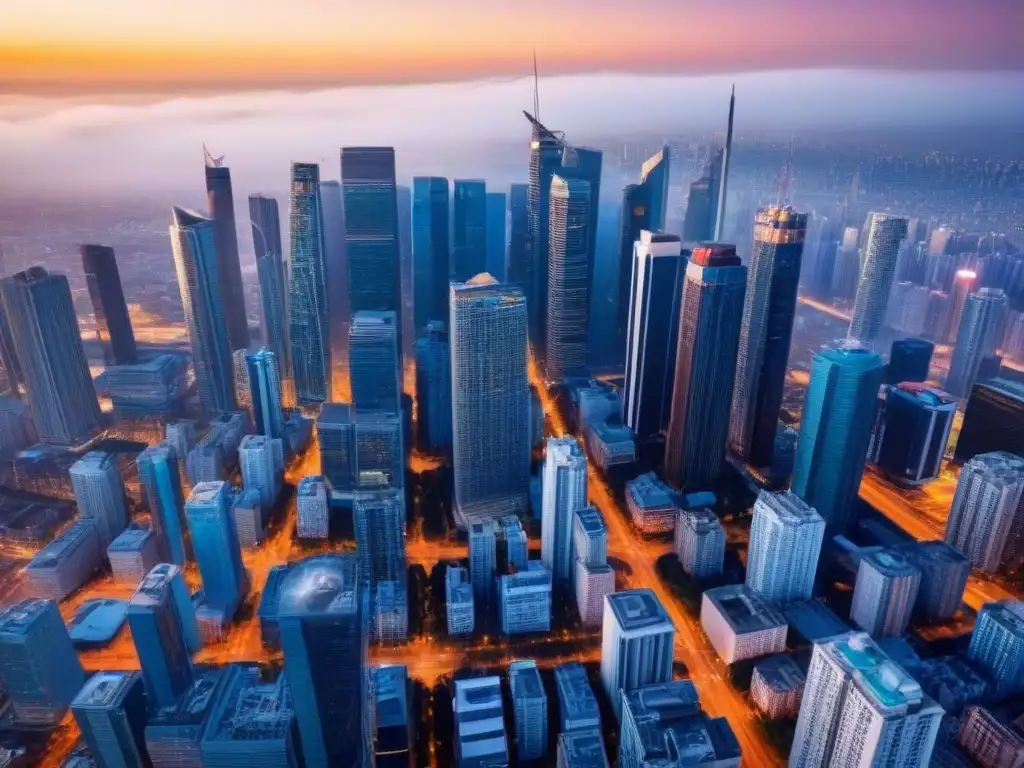 Metrópolis vibrante: panorama aéreo de ciudad moderna y próspera Vibrante ciudad con rascacielos modernos y bulliciosas calles, simbolizando el mercado inmobiliario internacional en plena recuperación económica
