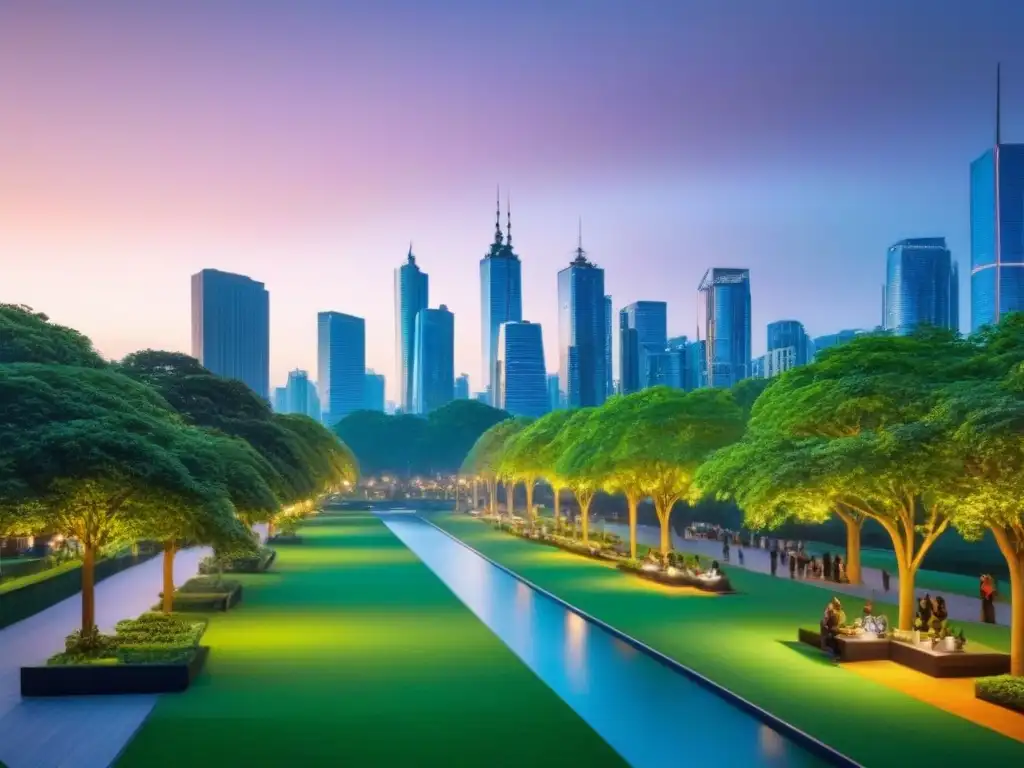 Metrópolis sostenible: Parque urbano en la ciudad moderna al anochecer Vibrante ciudad al anochecer con rascacielos modernos iluminados y un parque urbano, simbolizando finanzas verdes y desarrollo urbano sostenible