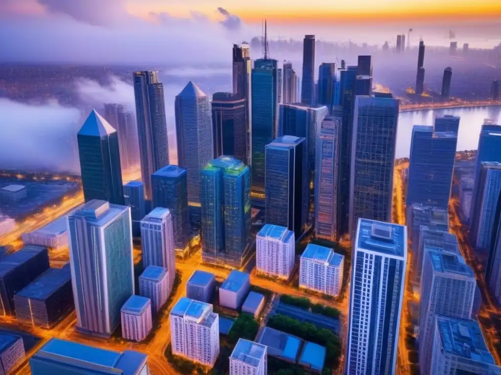 Vista aérea impactante: ciudad moderna y vibrante mercado inmobiliario Vibrante ciudad con rascacielos modernos y vida callejera, reflejando políticas gubernamentales de reactivación inmobiliaria