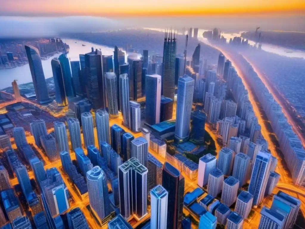 Metrópolis vibrante: skyline moderno y bulliciosa actividad urbana Vibrante ciudad con rascacielos modernos, calles llenas de gente y arquitectura dinámica