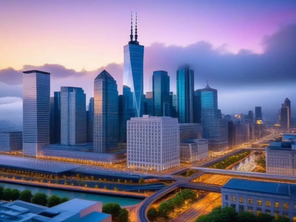 Horizonte urbano al anochecer: Finanzas globales y skyline iluminado Vibrante ciudad al anochecer, con rascacielos modernos y luces brillantes