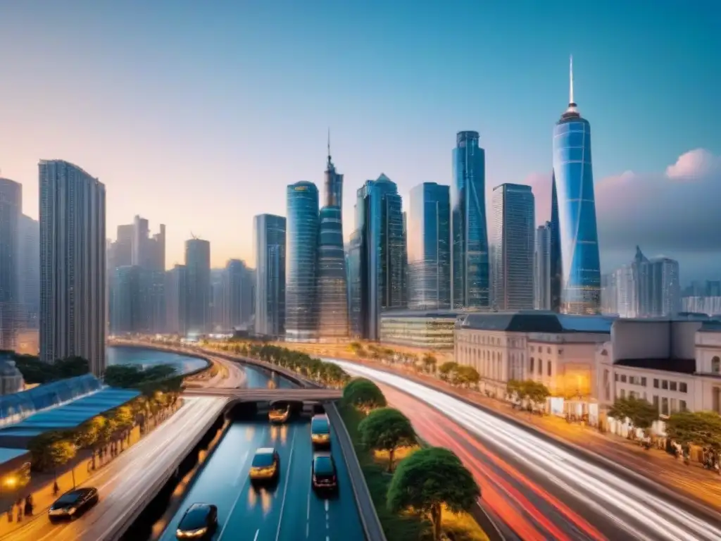 Horizonte urbano al atardecer: luces y vida en la ciudad Vibrante ciudad al anochecer con rascacielos modernos y luces brillantes, reflejando el mercado inmobiliario internacional